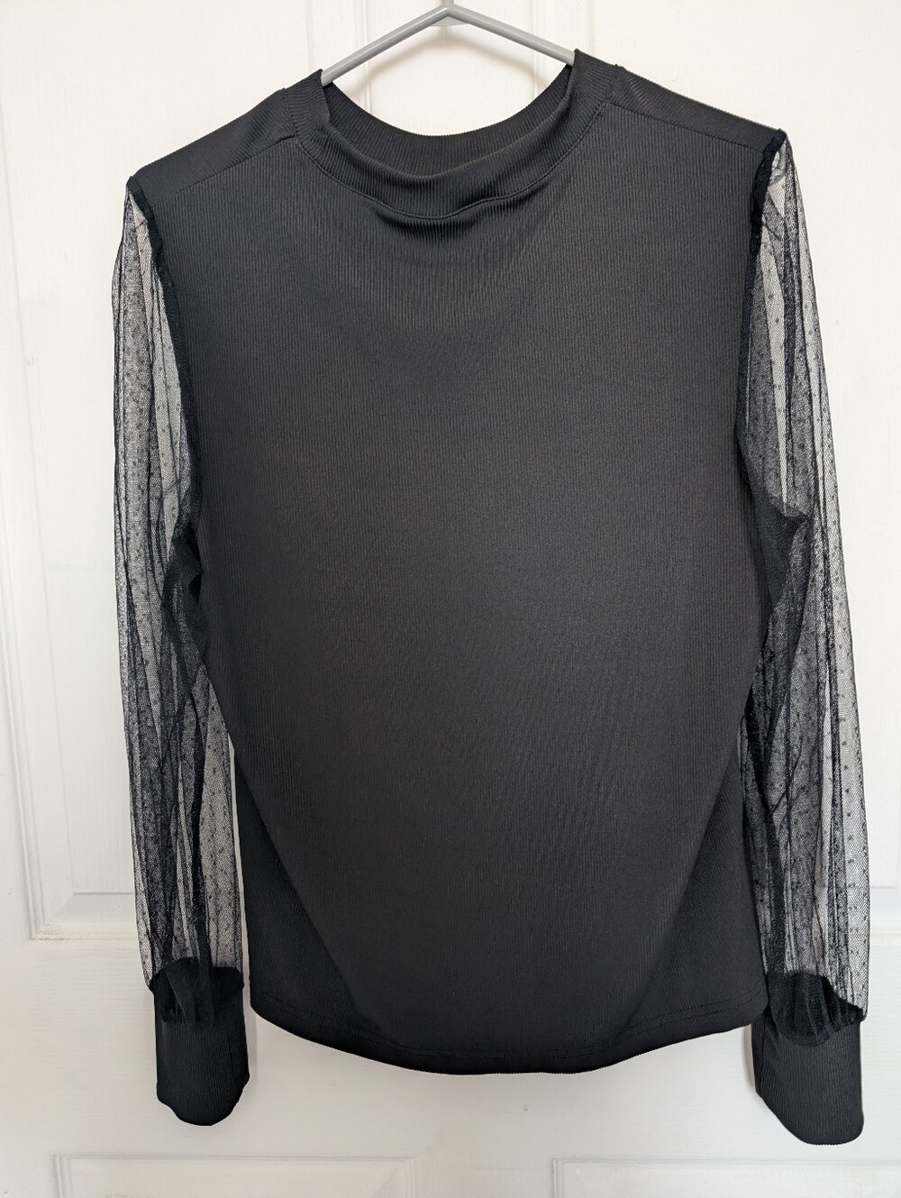 Sheer Sleeve Black Mock Neck Top
